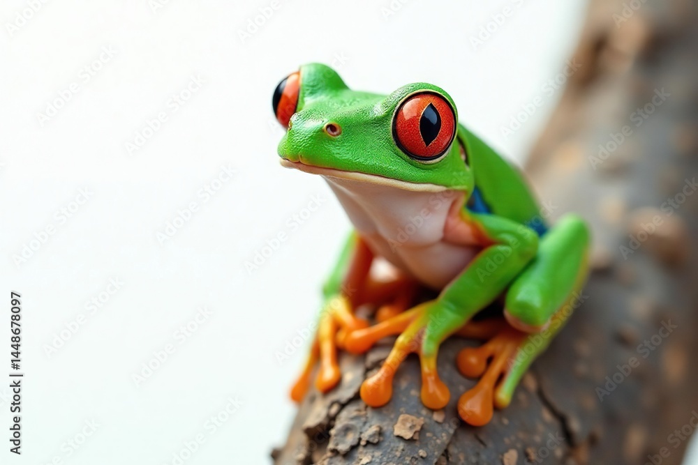 Fototapeta premium Green tree frog perched on white, vibrant skin, amphibian photography, isolated, bright