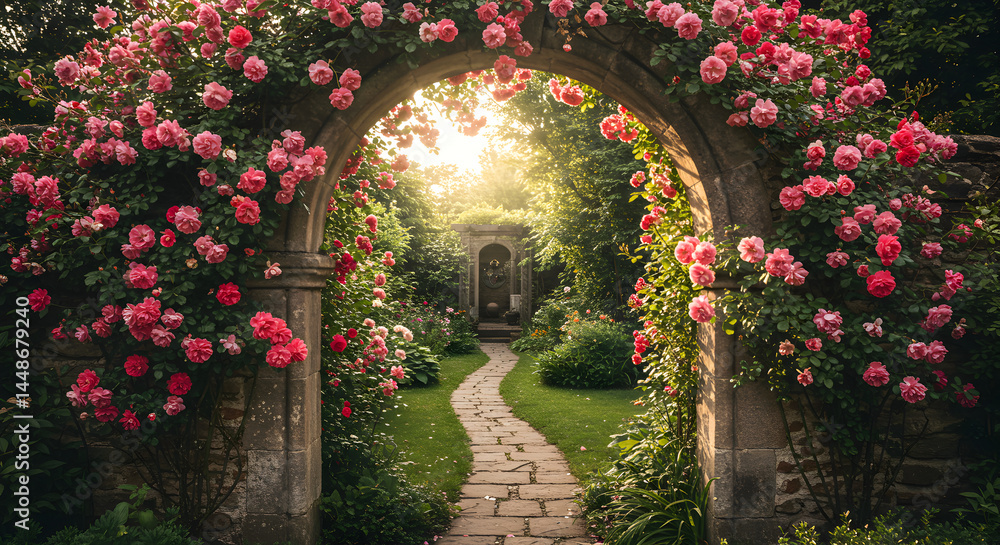 Fototapeta premium Enchanting Rose Archway Leading To A Hidden Serene Garden Retreat