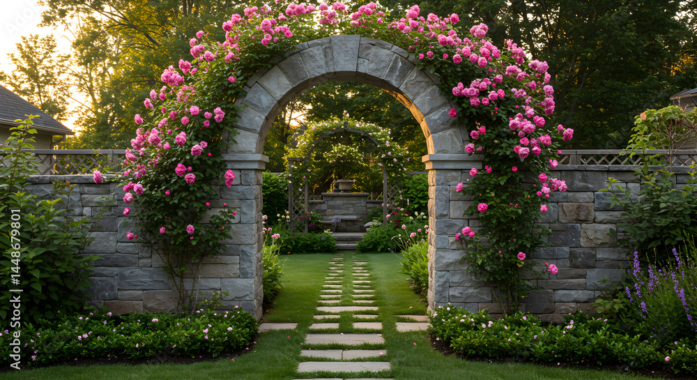 Romantic Stone Archway Adorned With Climbing Roses In Summer Garden Romantic Stone Archway Adorned With Climbing Roses In Summer Garden