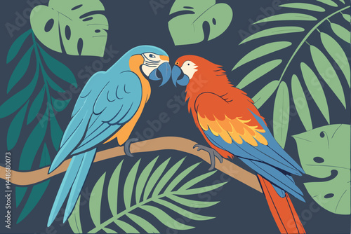 37 Vibrant blue and orange parrots, two lovebirds cuddling, exotic birds, iridescent feathers, green foliage, dark background, macro photography, high detail, vivid colors, nature portrait, wildlife c