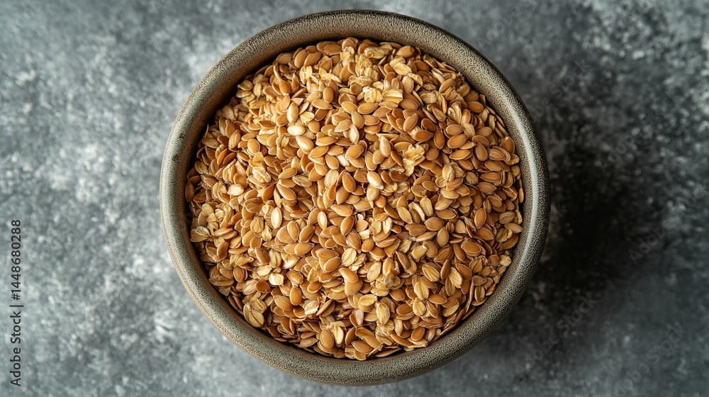 A close-up view of a bowl filled with flaxseeds, showcasing their golden-brown color and texture against a textured gray background A close-up view of a bowl filled with flaxseeds, showcasing their golden-brown color and texture against a textured gray background