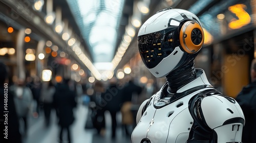 Wallpaper Mural Futuristic robot amidst a bustling urban crowd. Torontodigital.ca