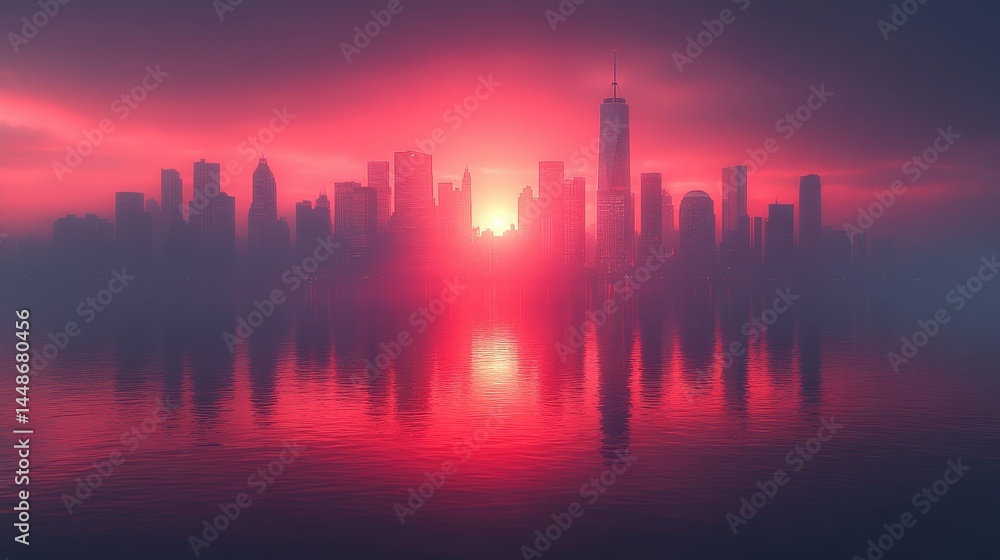 Crimson sunrise over a city skyline reflected in still water. Crimson sunrise over a city skyline reflected in still water.