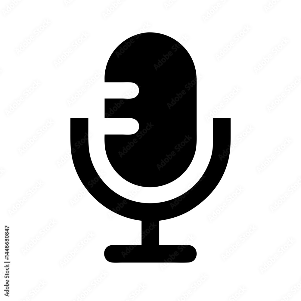 Black solid icon of a classic standing microphone, commonly used to represent audio, recording, or voice input.
Black solid icon of a classic standing microphone, commonly used to represent audio, recording, or voice input.