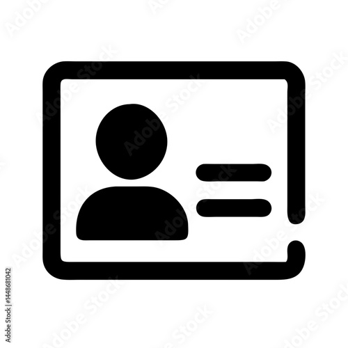 Solid black icon of an ID card showing a user profile picture and lines of text, representing identity or personal info.
