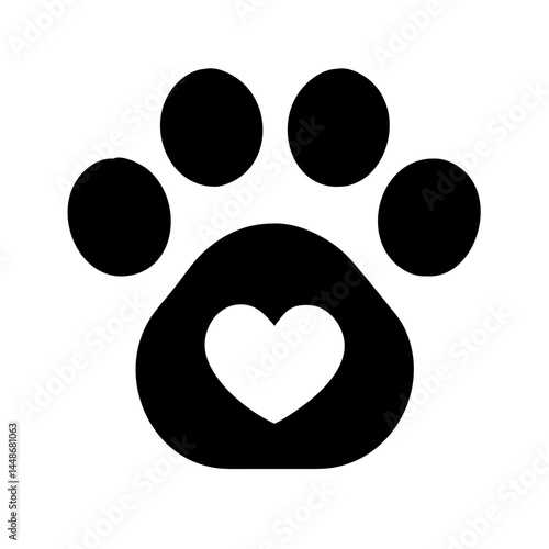 Black paw print icon with heart symbol, representing love for animals, pet adoption, veterinary care, or animal welfare themes.
