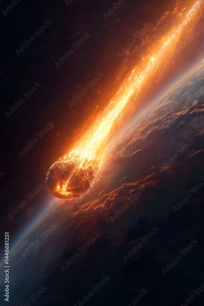 Fiery meteor plunges down through earth's atmosphere with a bright orange glow Fiery meteor plunges down through earth's atmosphere with a bright orange glow