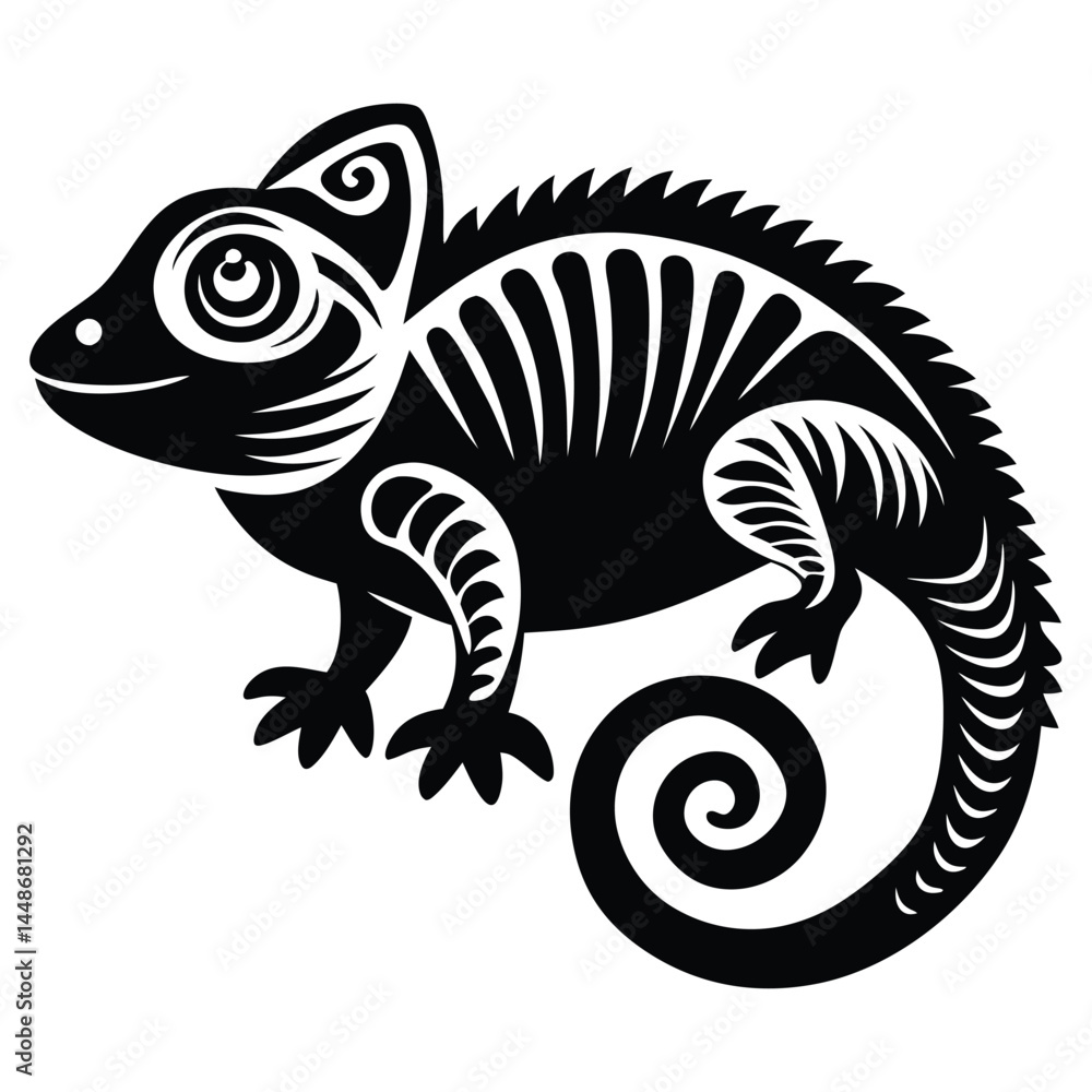 Fototapeta premium Chameleon silhouette line art vector illustration, Chameleon silhouette, Chameleon Vector art, Chameleon Clipart black Silhouette