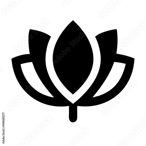 Stylized black lotus flower symbol representing yoga, wellness, peace, balance, or spiritual growth in minimalist design.

