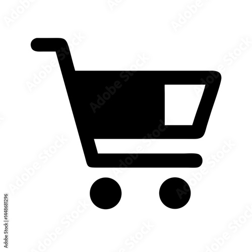 Simple black shopping cart symbol representing online retail, purchasing, grocery, or e-commerce transactions in apps and websites.
