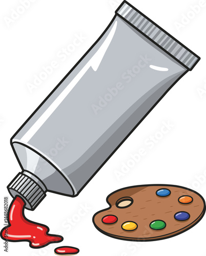 Tube of red paint with artist palette containing colorful paint drops vector illustration for creative art design projects 