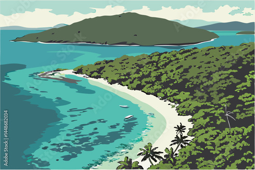 38 Tropical paradise, crystal clear turquoise water, white sandy beach, lush green coastline, remote island cove, aerial view, vibrant colors, calm ocean, shallow reef, palm trees, mountain backdrop, 