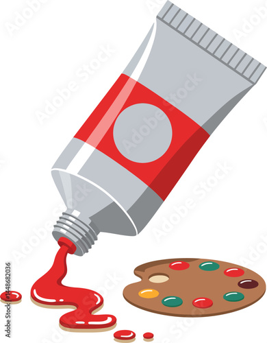 Tube of red paint spilling with painters palette and colorful paint drops vector illustration design
