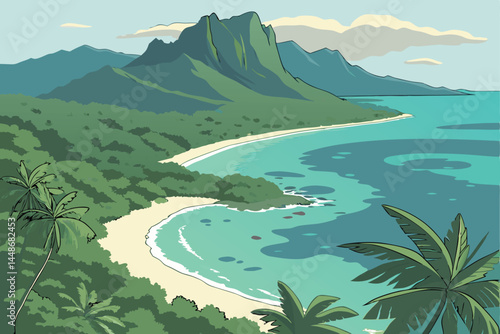 38 Tropical paradise, crystal clear turquoise water, white sandy beach, lush green coastline, remote island cove, aerial view, vibrant colors, calm ocean, shallow reef, palm trees, mountain backdrop, 