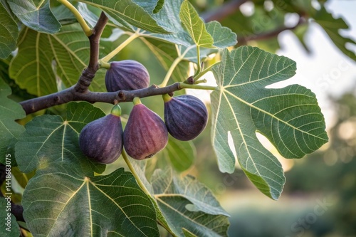 Fototapeta Naklejka Na Ścianę i Meble -  Harvesting fig fruits from large lobed leaf trees in a serene landscape at sunset