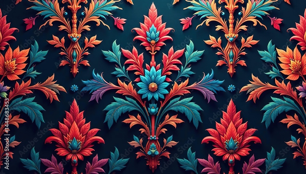 Intricate floral damask pattern with rich, deep jewel tones on a dark background , classic, rococo, sophisticated Intricate floral damask pattern with rich, deep jewel tones on a dark background , classic, rococo, sophisticated