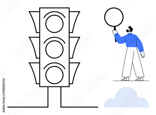 Traffic light with empty signals, person holding blank circular sign, small cloud below. Ideal for decision-making, caution, safety, guidance, road awareness, minimalism simple landing page