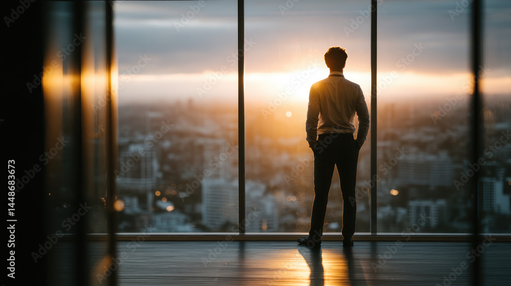 Fototapeta premium Young entrepreneur envisions bright future in empty office illuminated by sunlight