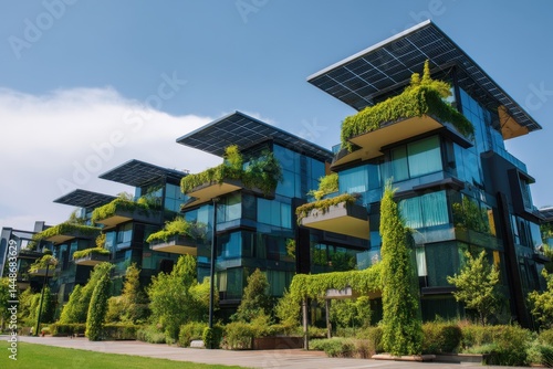 Wallpaper Mural Modern architecture with solar panels and green vegetation on balconies under a blue sky creating a sustainable urban living concept with natural light and shadow Torontodigital.ca