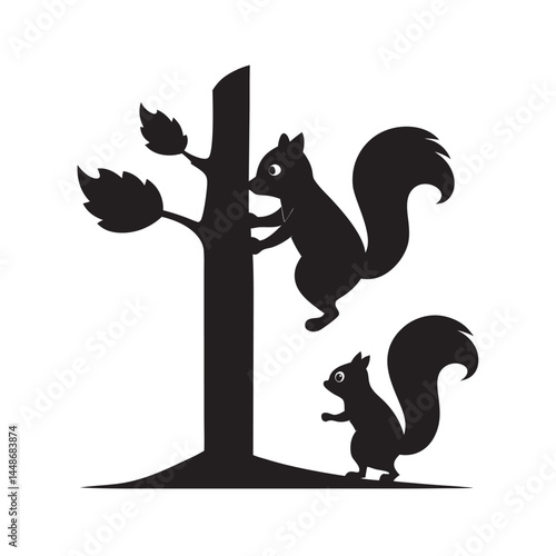 Squirrels chasing each other in silhouette
