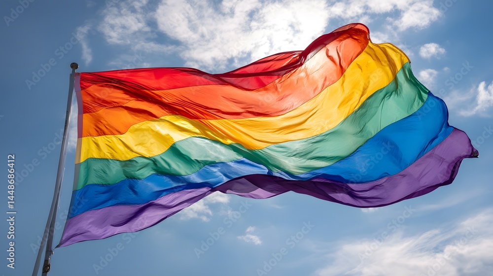 Rainbow flag waving in the sky. Symbol of pride, love, and unity within the LGBTQ+ community, representing diversity and inclusion. Rainbow flag waving in the sky. Symbol of pride, love, and unity within the LGBTQ+ community, representing diversity and inclusion.