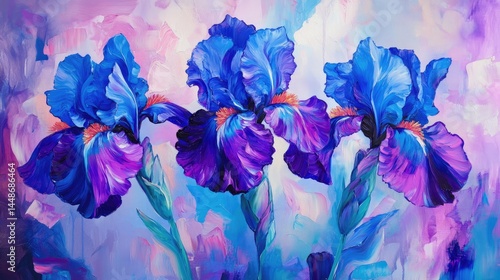 Vibrant, artistic depiction of three irises in a dynamic floral still life.