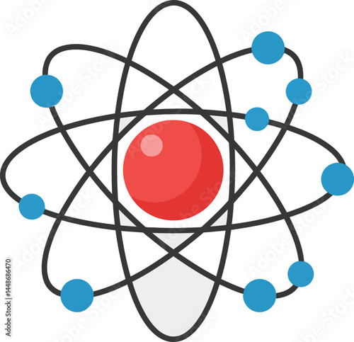 Atomic structure model with red central nucleus and blue electrons orbiting in vector illustration