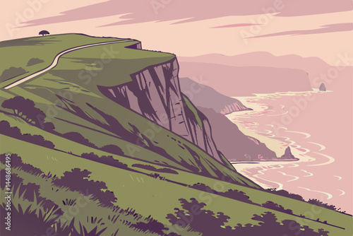 41 Majestic coastal cliffs, misty pink sunset, ethereal atmosphere, soft pastel colors, dreamy landscape, rolling green hills, foggy sea view, dramatic coastline, serene ocean horizon, cinematic light