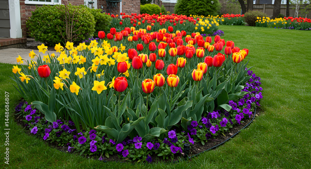 Fototapeta premium Vibrant Springtime Display Showcasing Tulips And Daffodils In A Lush Garden Bed