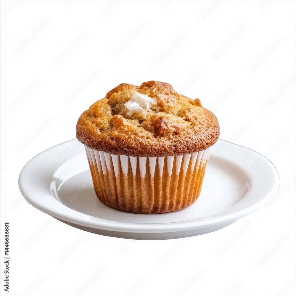 Delicious muffin on a white plate with bright lighting showcasing its texture and golden brown color perfect for breakfast or snack food photography Delicious muffin on a white plate with bright lighting showcasing its texture and golden brown color perfect for breakfast or snack food photography