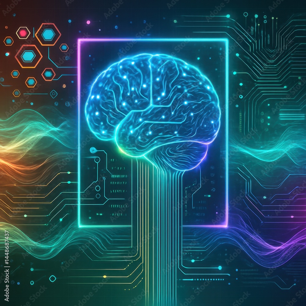 Multicolored neural brain glowing with vibrant tech streams. AI-generated Multicolored neural brain glowing with vibrant tech streams. AI-generated