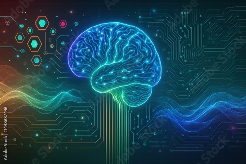 Glowing brain emitting digital waves in futuristic circuit field. AI-generated