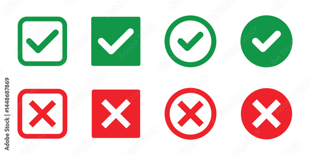 Set of green and red check box with yes and no sign. Modern label icons check mark and cross on transparent background. Set of green and red check box with yes and no sign. Modern label icons check mark and cross on transparent background.