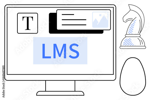 Computer monitor highlights LMS text, multimedia icons, chess knight, and egg symbolizing e-learning, strategy, creativity, and diverse learning tools. Ideal for education, training online