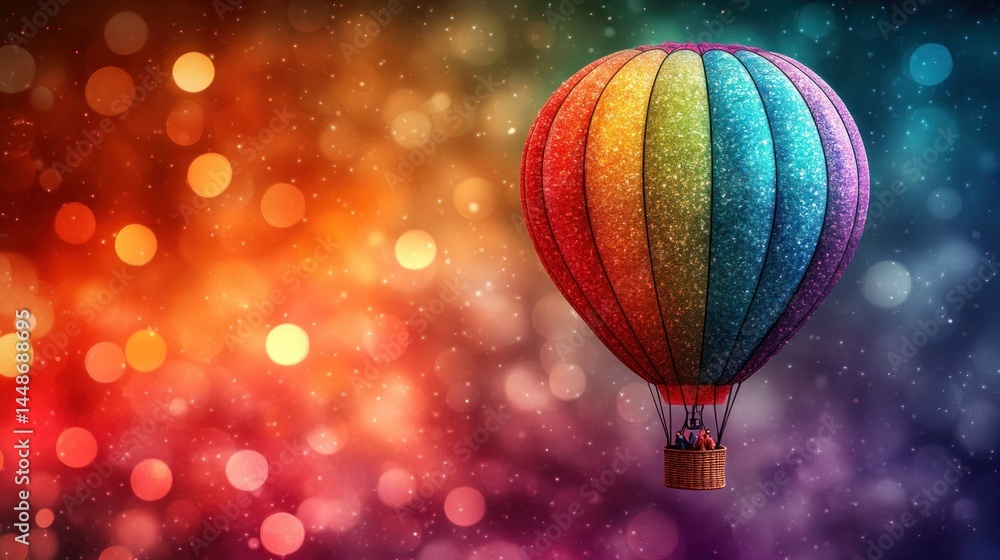 Fototapeta premium Colorful hot air balloon floats against a vibrant bokeh background
