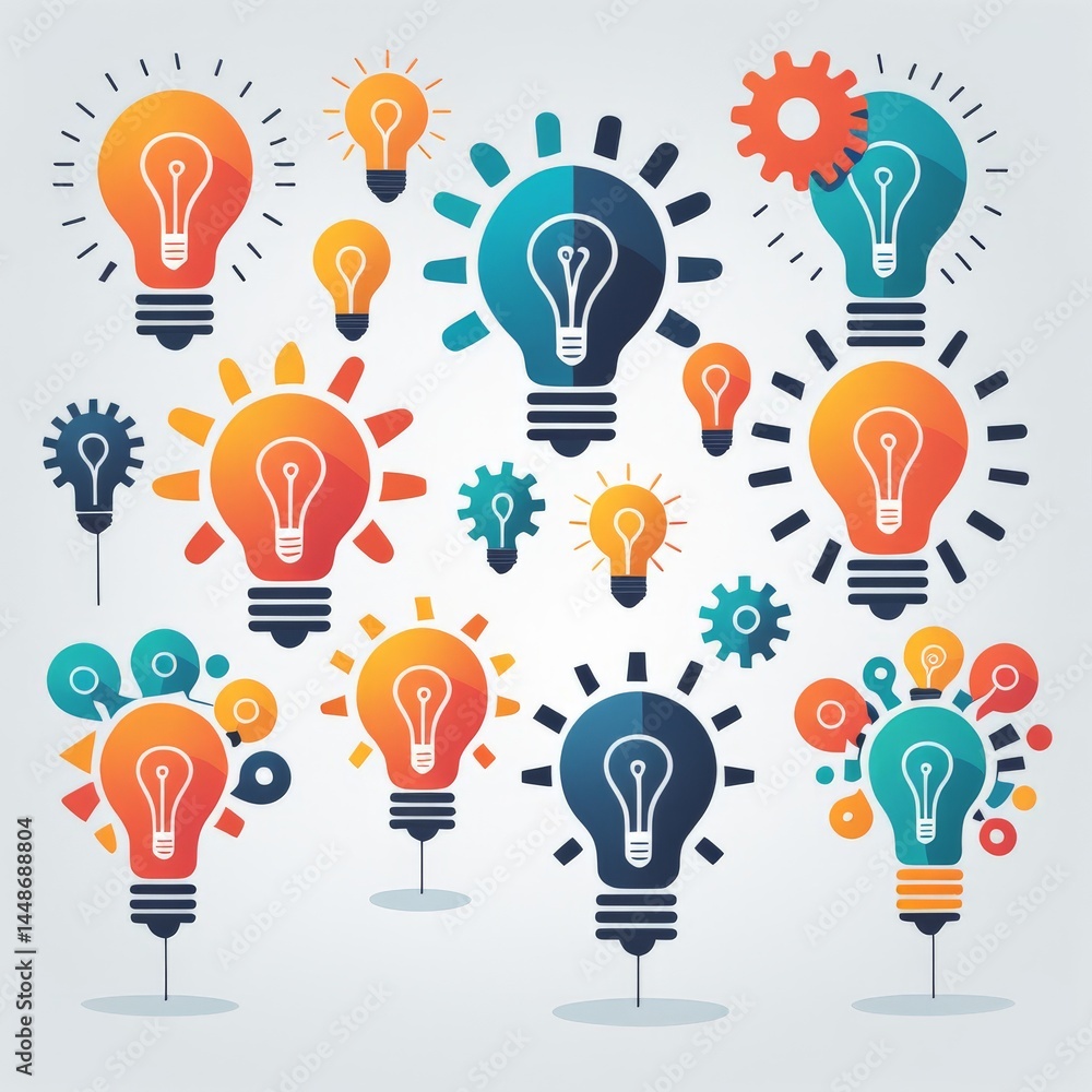 light bulb with colorful idea icons setlight set light bulb with colorful idea icons setlight set