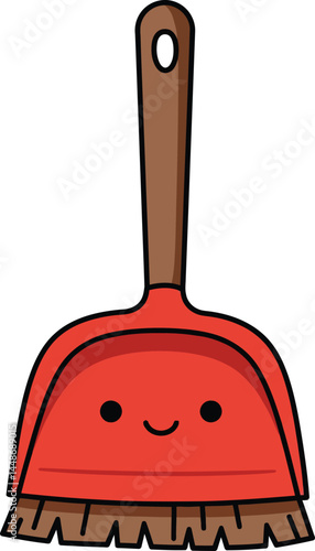 Cute red dustpan with brown brush and happy face vector illustration for cleaning tools design 
