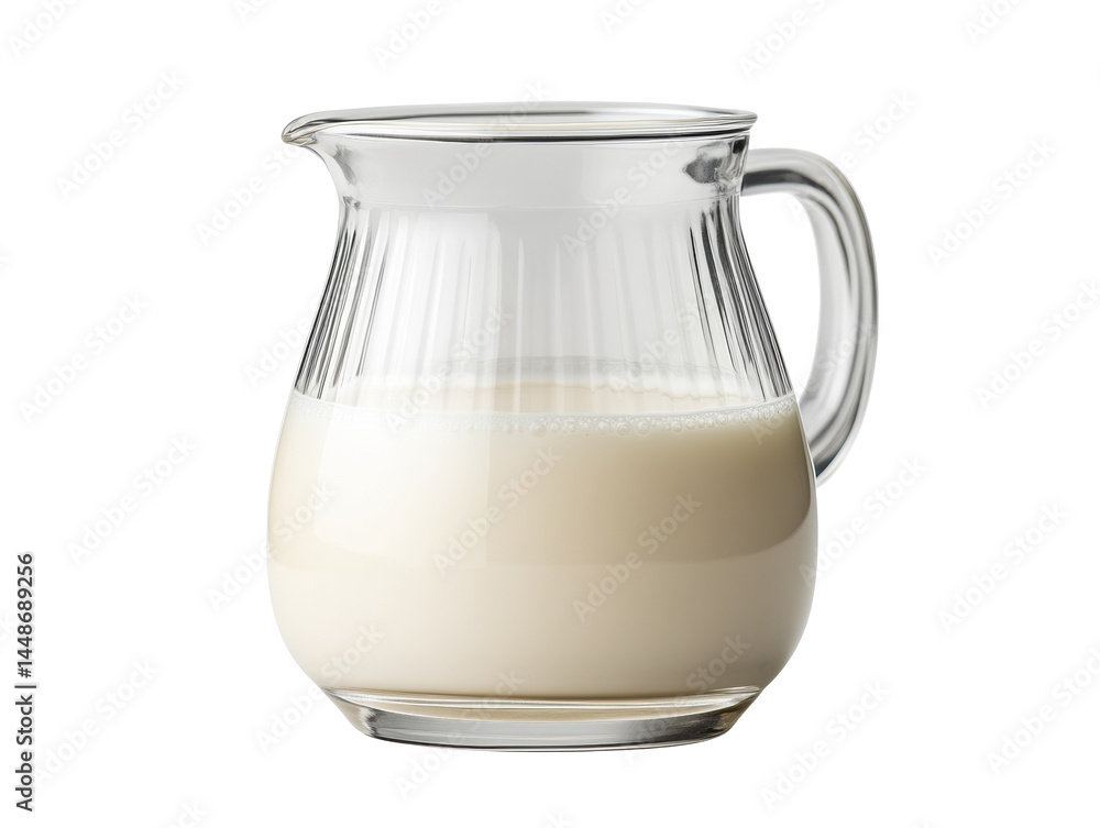 Fresh milk in a clear glass jug on a kitchen countertop for cooking, cut out Fresh milk in a clear glass jug on a kitchen countertop for cooking, cut out