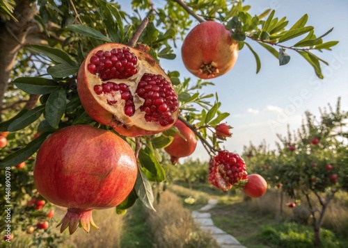 Harvesting pomegranate tree with split open fruits revealing red seeds in a sunny orchard landscape