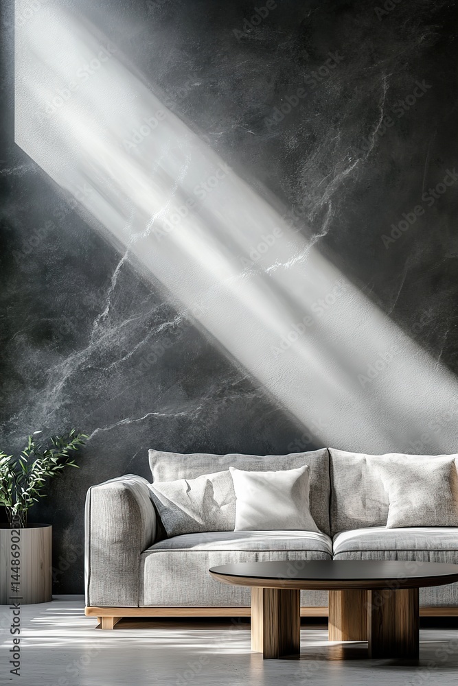 Modern living room with sunlight casting shadows on a stylish grey couch and minimal decor