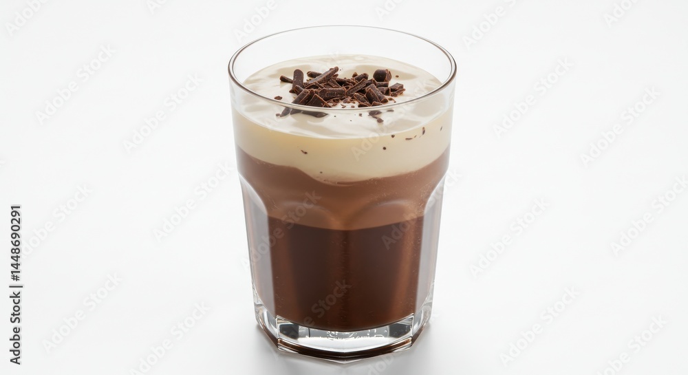 A glass filled with a layered chocolate drink topped with whipped cream and chocolate shavings on white A glass filled with a layered chocolate drink topped with whipped cream and chocolate shavings on white