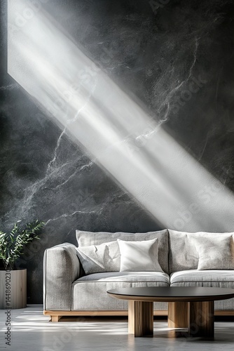 Obraz na płótnie Modern living room with sunlight casting shadows on a stylish grey couch and minimal decor w salonie