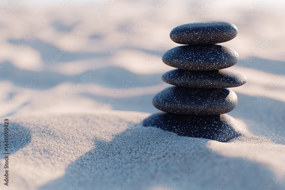 Stack of black zen meditation stones on the beach sand