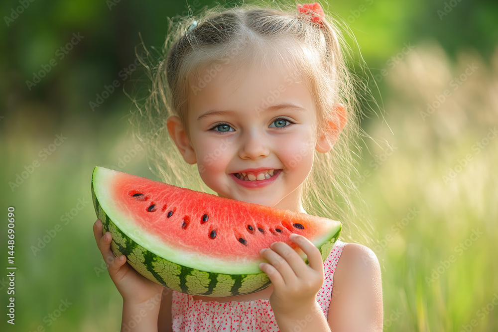 Cute little girl eating ripe slice of watermelon on blurred green background