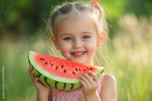 Cute little girl eating ripe slice of watermelon on blurred green background