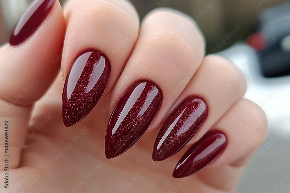 Elegant woman's hand showcasing freshly manicured deep red nails with glitter detail