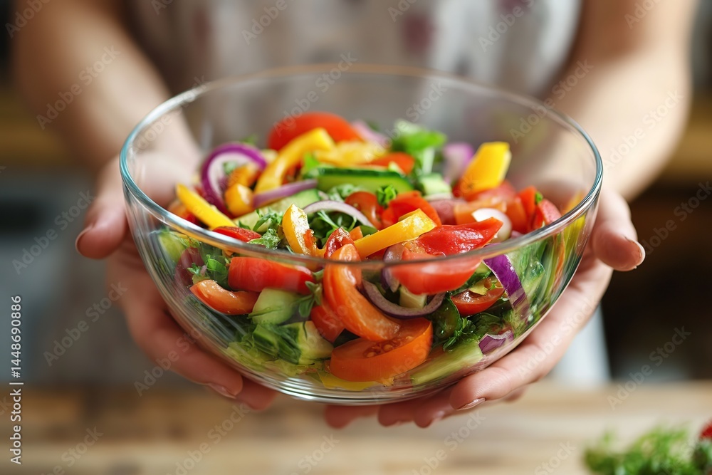Female hands holding bowl with fresh vegetables salad, organic healthy food