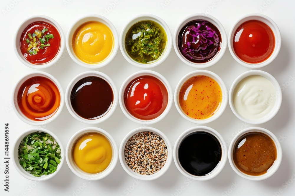 Variety of Colorful Sauces in Small White Bowls Variety of Colorful Sauces in Small White Bowls