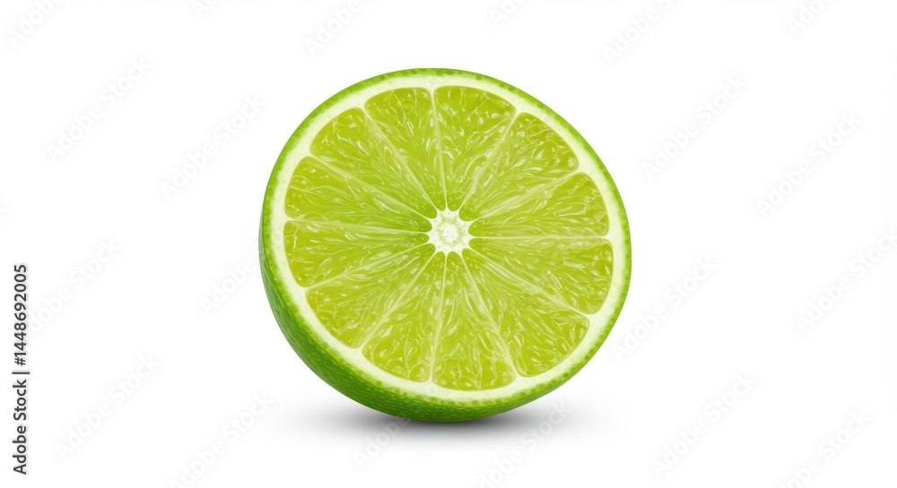 A close up shot of a half cut lime with a green rind isolated on a white background in studio light A close up shot of a half cut lime with a green rind isolated on a white background in studio light