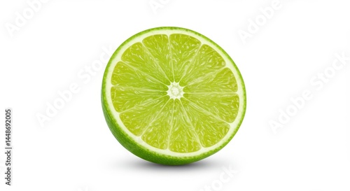 A close up shot of a half cut lime with a green rind isolated on a white background in studio light